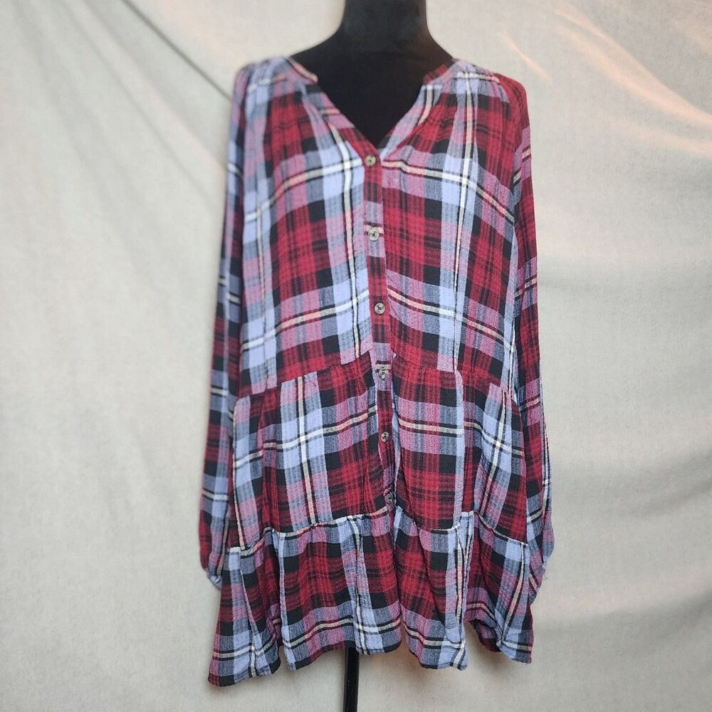 Women's 2X Plaid Tiered Babydoll Tunic Top Casual Boho Grunge Cabincore Fall NWT